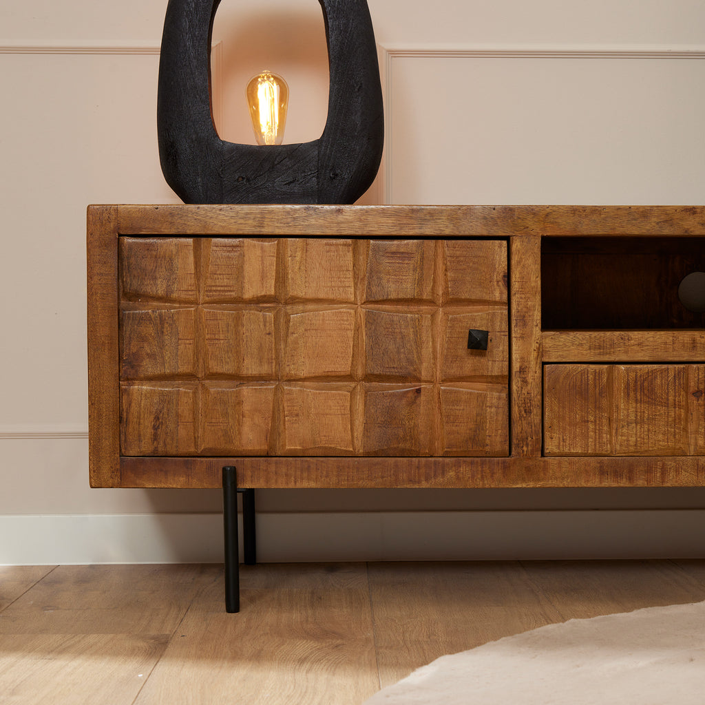 TV-Board Jacky – Mangoholz mit Blockmuster, 180 x 40 x 55 cm