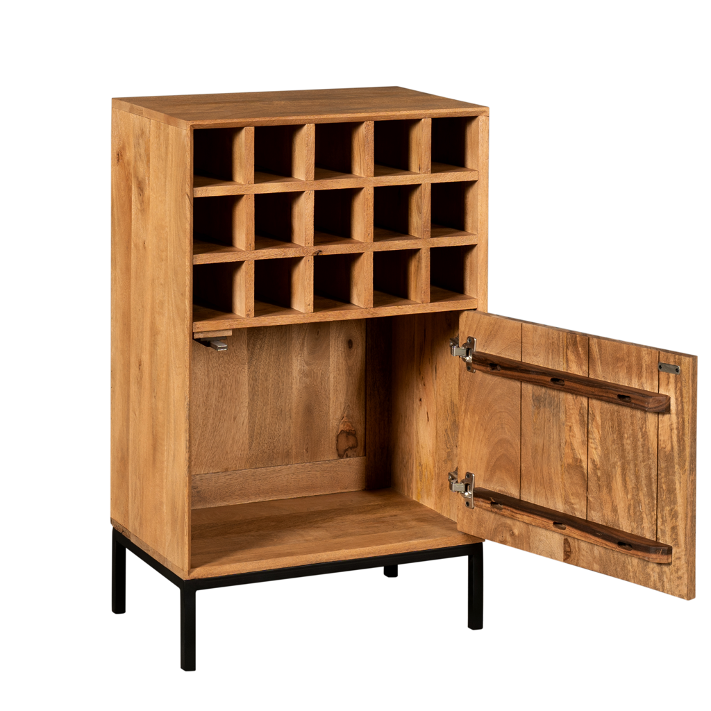 Weinkommode Mandy Natur – Weinschrank aus Mangoholz mit 15 Fächern & Tür mit Lamellenmuster, 55 x 35 x 90 cm