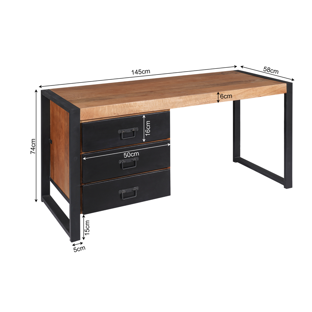 Schreibtisch Bori – Mangoholz & Metall Schwarz, 145 x 58 x 74 cm, Massivholz Tisch mit 3 Schubladen im Industriedesign