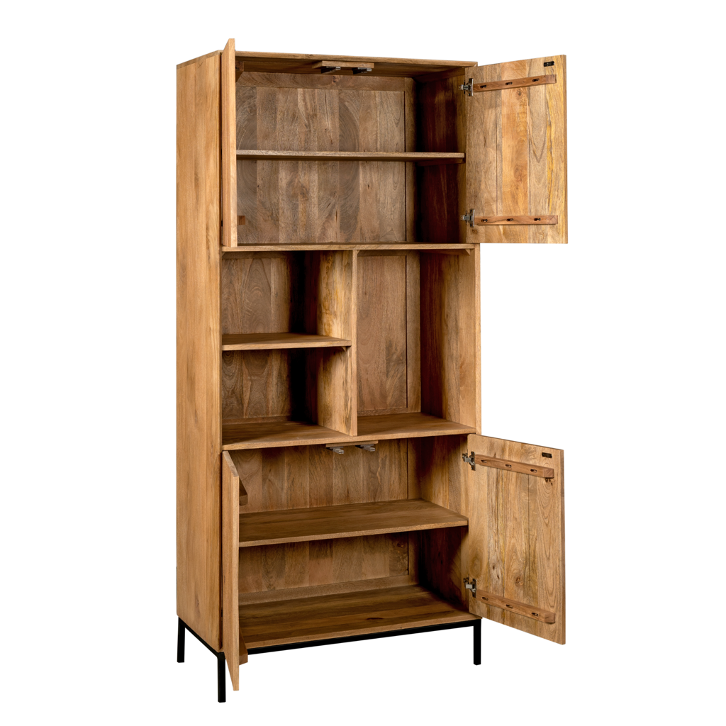 Regal Mandy Natur – Mangoholz mit vertikalem Lamellenmuster, 4 Türen & 3 offene Fächer, 90 x 45 x 200 cm