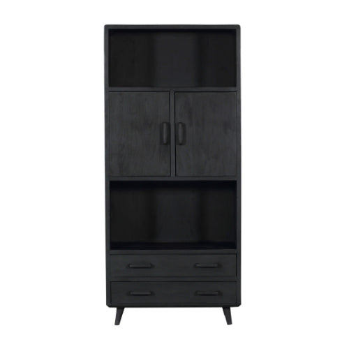 Regalschrank Raven Schwarz – Mangoholz, 2 Türen & 2 Schubladen, 90 x 45 x 200 cm