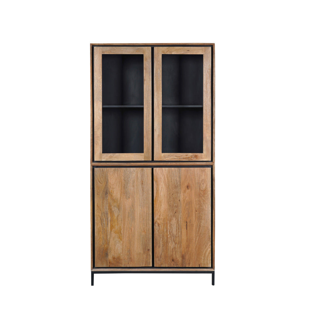 Vitrinenschrank Rois – lackiertes Mangoholz & schwarzer Metallrahmen, 100 x 45 x 200 cm, modernes Design mit Holzstreifen