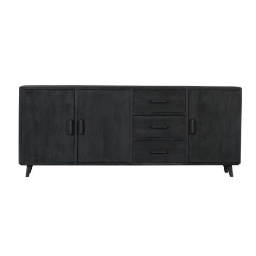 Sideboard Raven Schwarz – Mangoholz mit 3 Türen & 3 Schubladen, 220 x 45 x 90 cm
