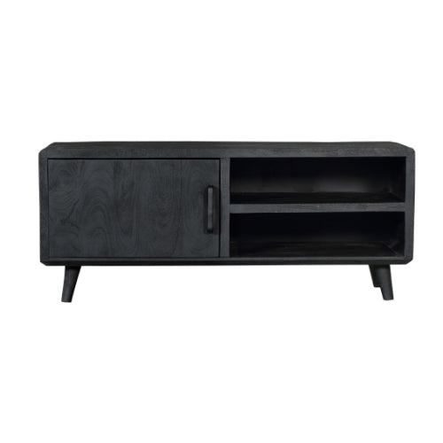 TV-Board Raven Schwarz – modernes Lowboard aus massivem Mangoholz mit 2 offenen Fächern & 1 Tür, stilvolles TV-Möbel 120 x 45 x 50 cm