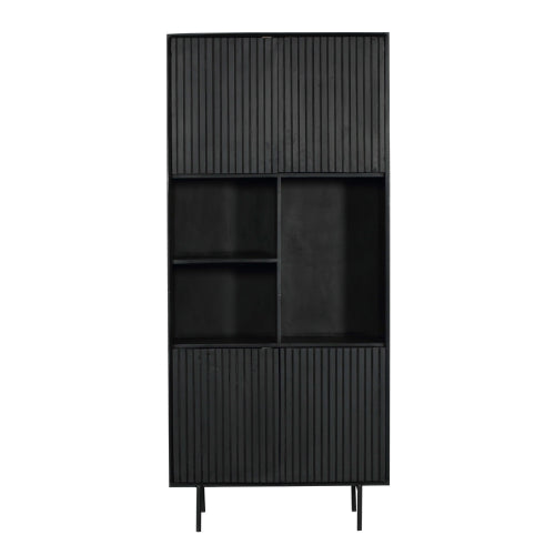 Regalschrank Mandy Schwarz – Mangoholz mit Metallrahmen, 4 Türen & offene Fächer, 90 x 45 x 200 cm
