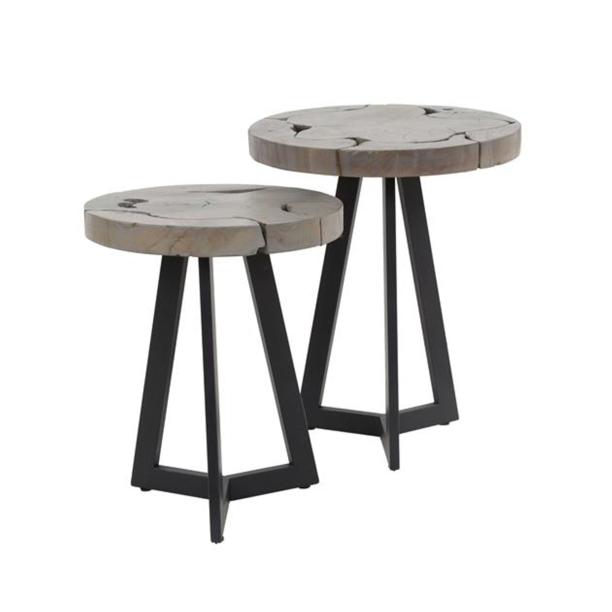 Beistelltisch Set/2 Montaro – runde Tische aus Teakholz mit grauer Oberfläche & Metallgestell, 40/35 cm