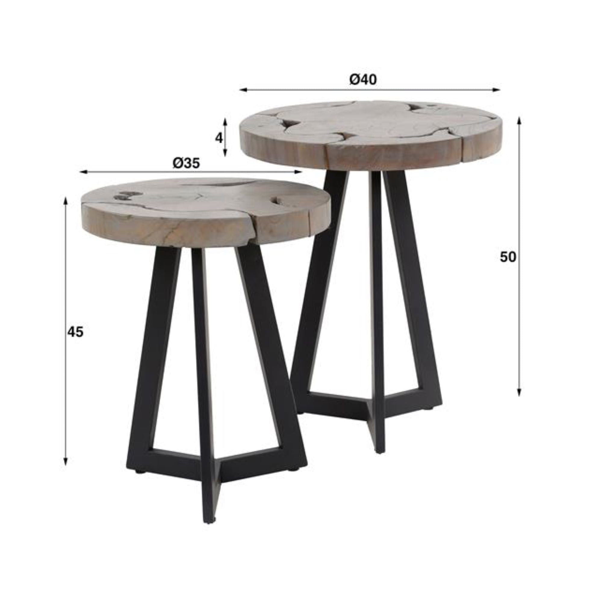 Beistelltisch Set/2 Montaro – runde Tische aus Teakholz mit grauer Oberfläche & Metallgestell, 40/35 cm