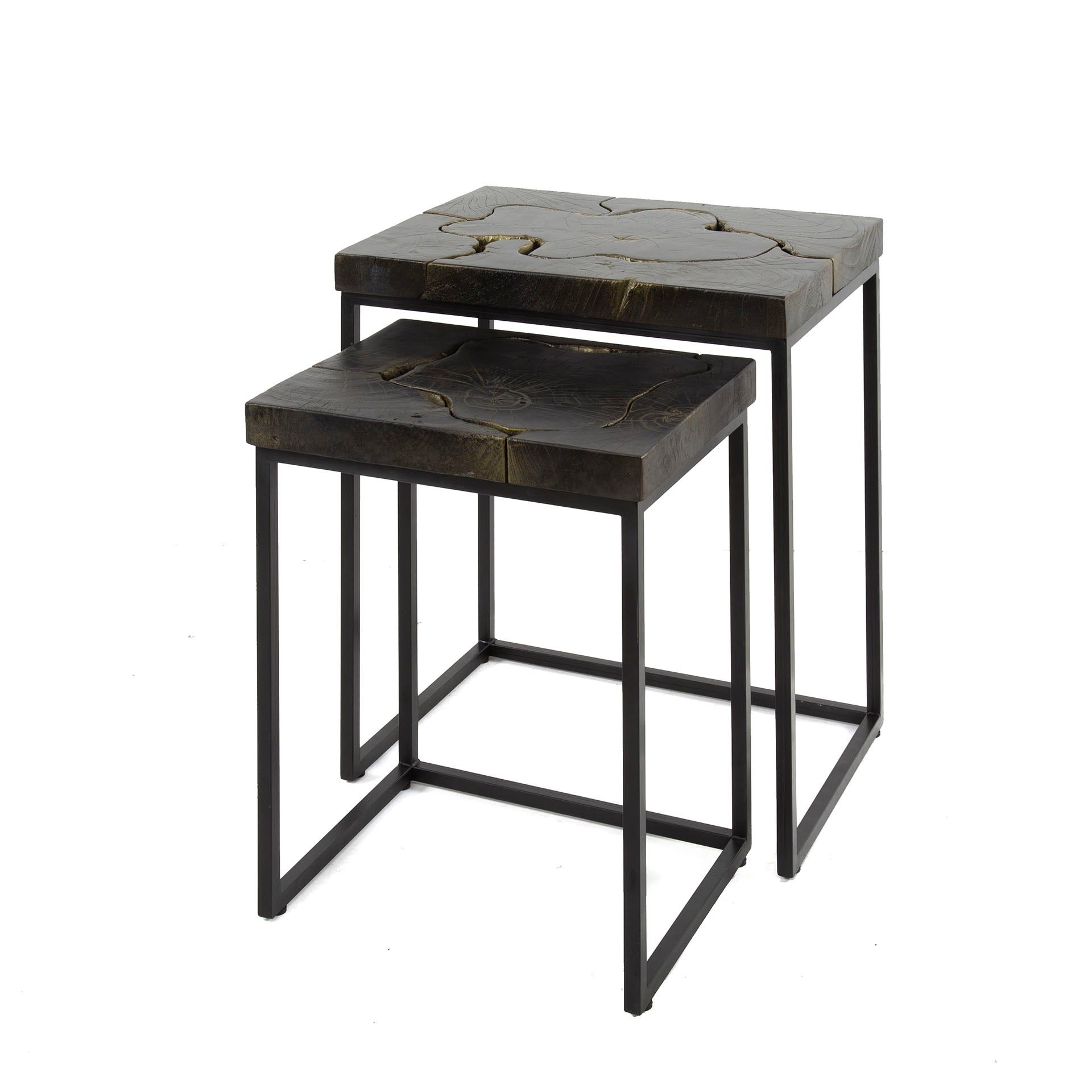 Beistelltisch Set/2 Aurelio – rechteckige Tische aus Teakholz mit Schwarz-Gold-Lackierung & Metallgestell, 47/34 cm