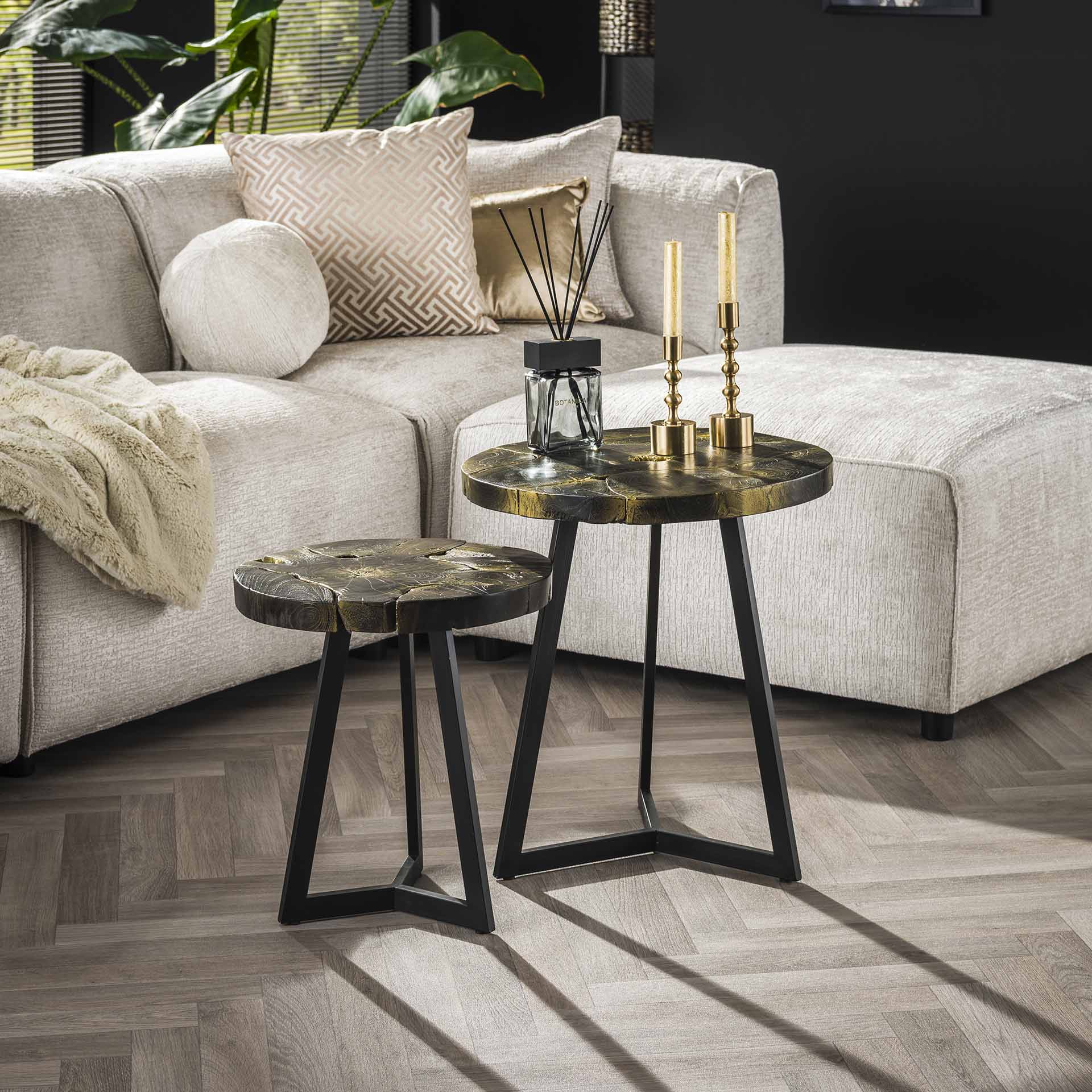 Couchtisch Set/2 Aurelio – runde Tische aus Teakholz mit Schwarz-Gold-Lackierung & Metallgestell, 50/41 cm