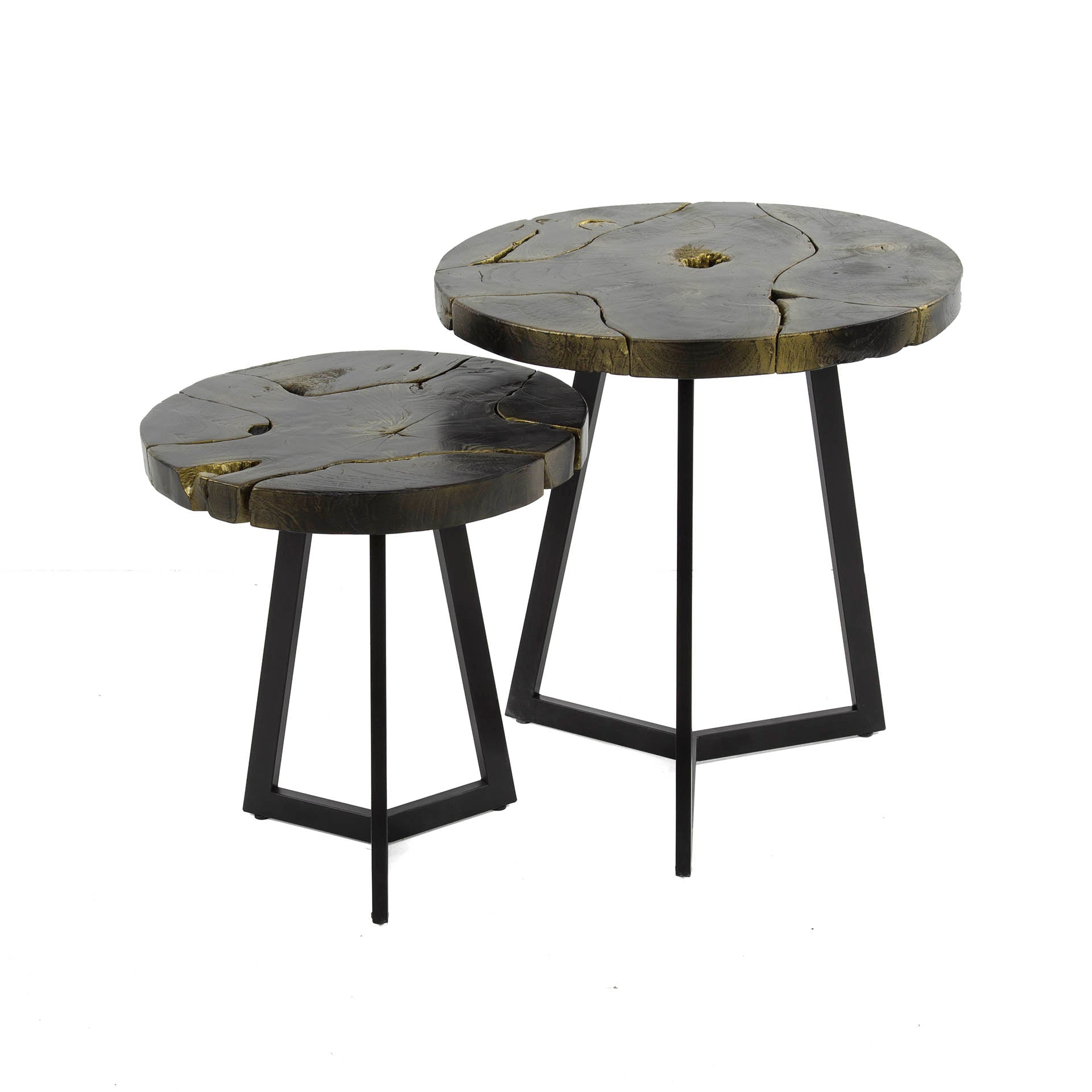 Couchtisch Set/2 Aurelio – runde Tische aus Teakholz mit Schwarz-Gold-Lackierung & Metallgestell, 50/41 cm