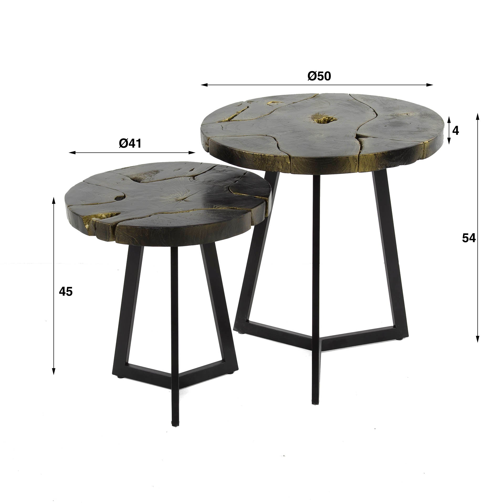 Couchtisch Set/2 Aurelio – runde Tische aus Teakholz mit Schwarz-Gold-Lackierung & Metallgestell, 50/41 cm