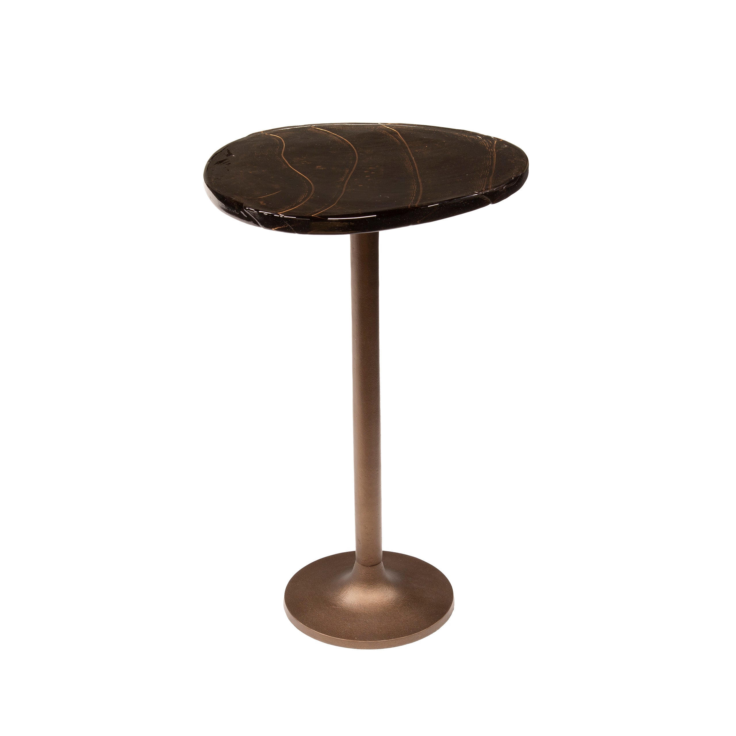 Beistelltisch Ondaro L – Glastisch mit gezogenem Glas & Metallgestell in Antikkupfer, 38 x 33 x 60 cm