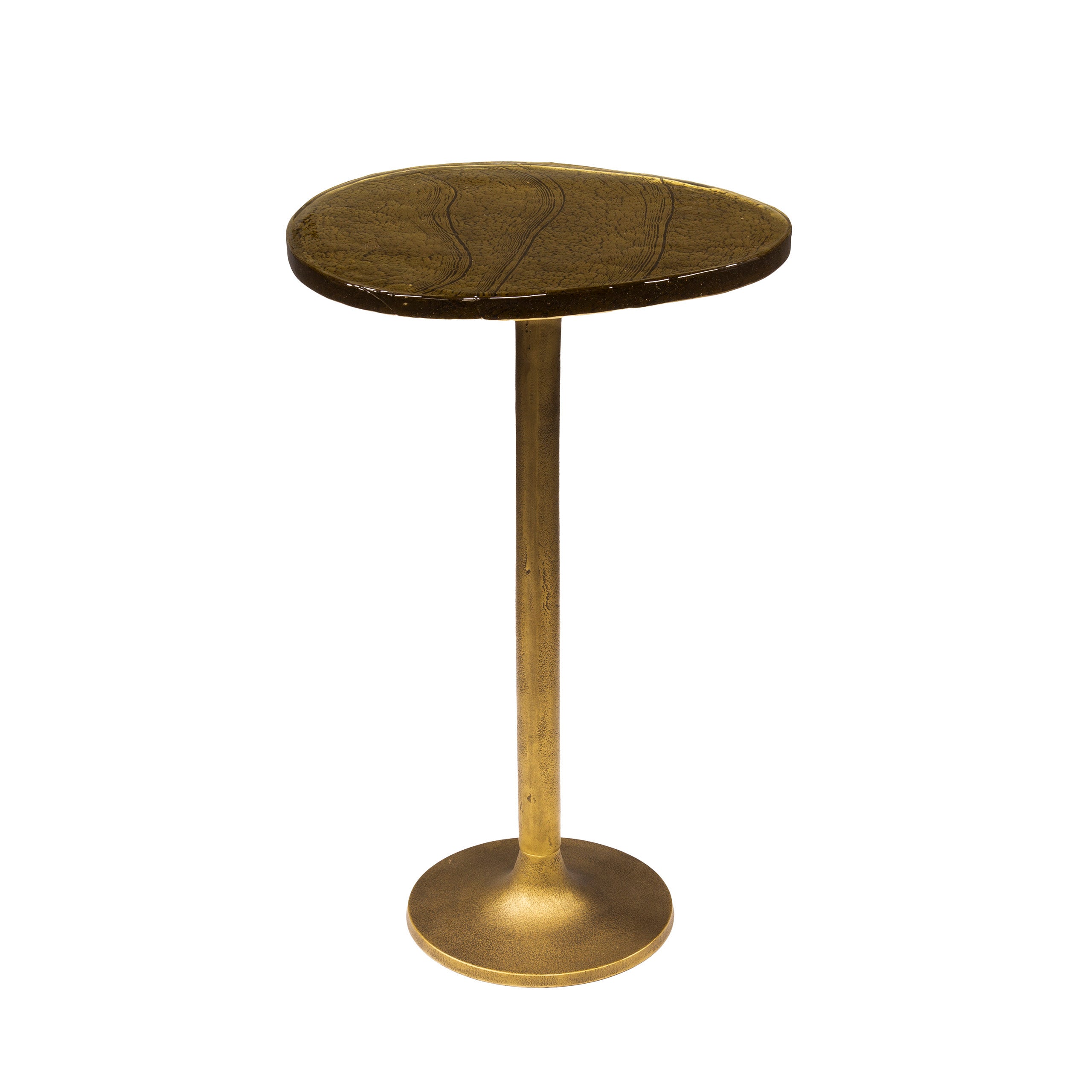 Beistelltisch Ondaro L – Glastisch mit gezogenem Glas & Metallgestell in Antikgold, 38 x 33 x 60 cm