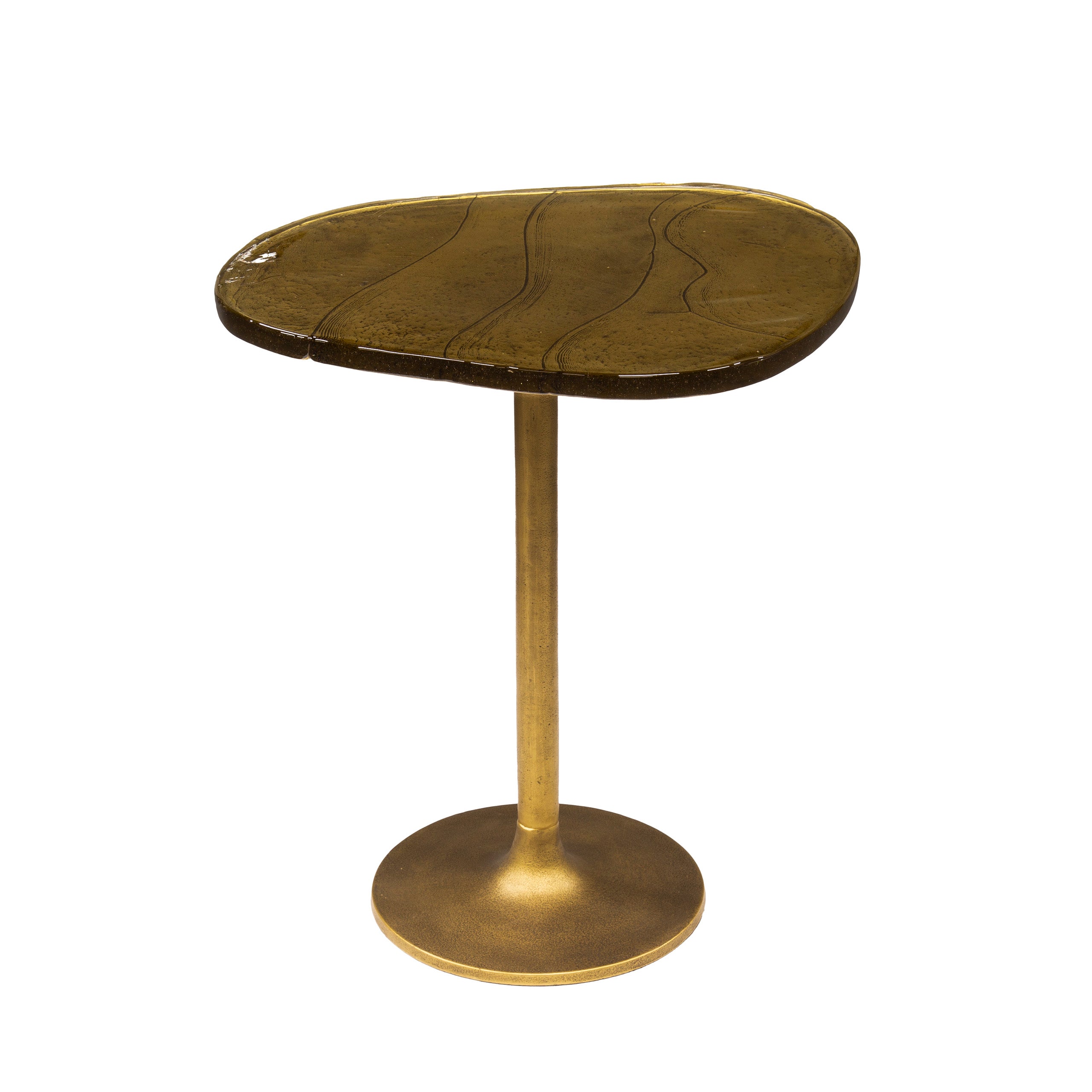 Beistelltisch Ondaro M – Glastisch mit gezogenem Glas & Metallgestell in Antikgold, 50 x 42 x 55 cm