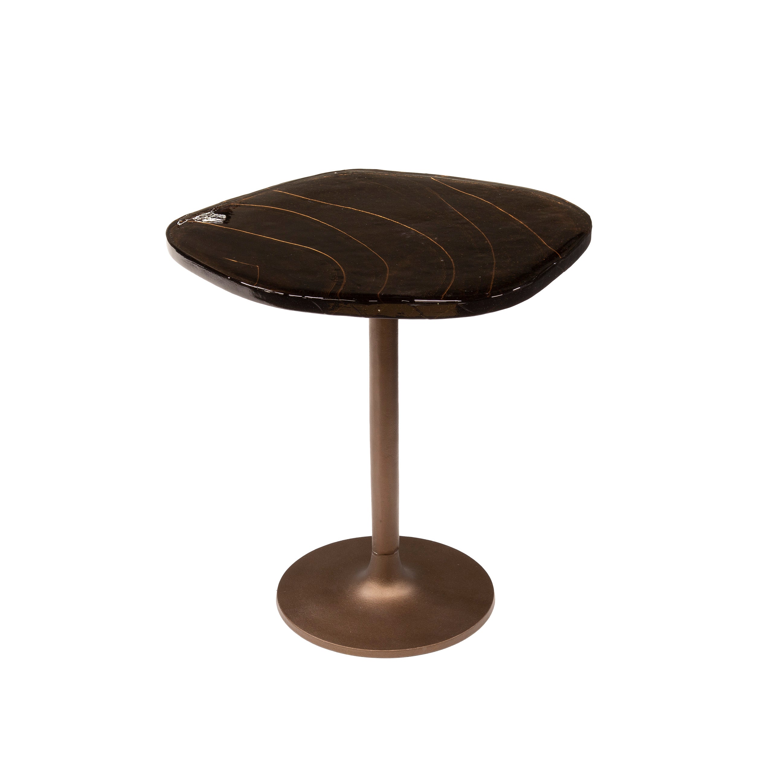 Beistelltisch Ondaro S – Glastisch mit gezogenem Glas & Metallgestell in Antikkupfer, 53 x 42 x 50 cm