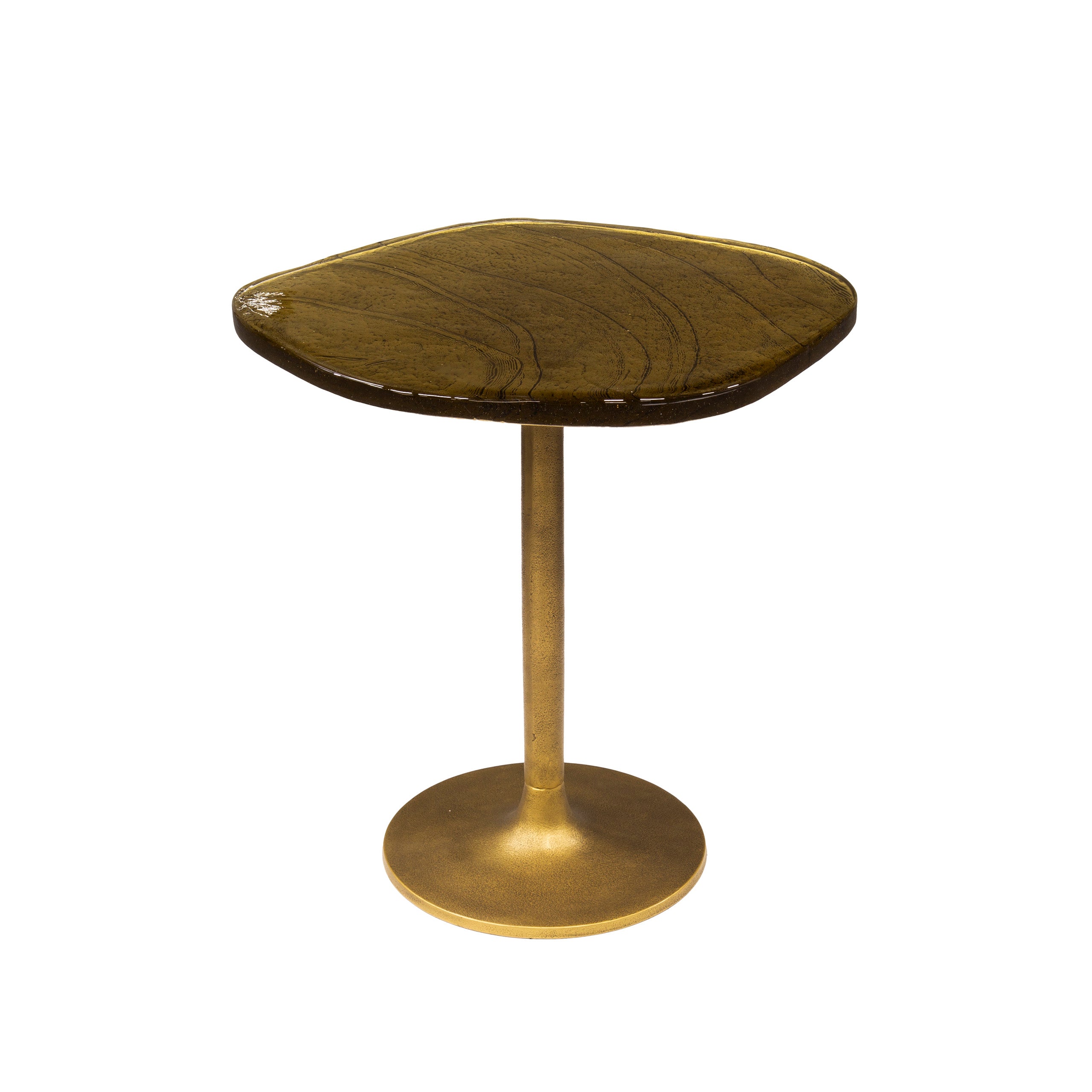 Beistelltisch Ondaro S – Glastisch mit gezogenem Glas & Metallgestell in Antikgold, 53 x 42 x 50 cm