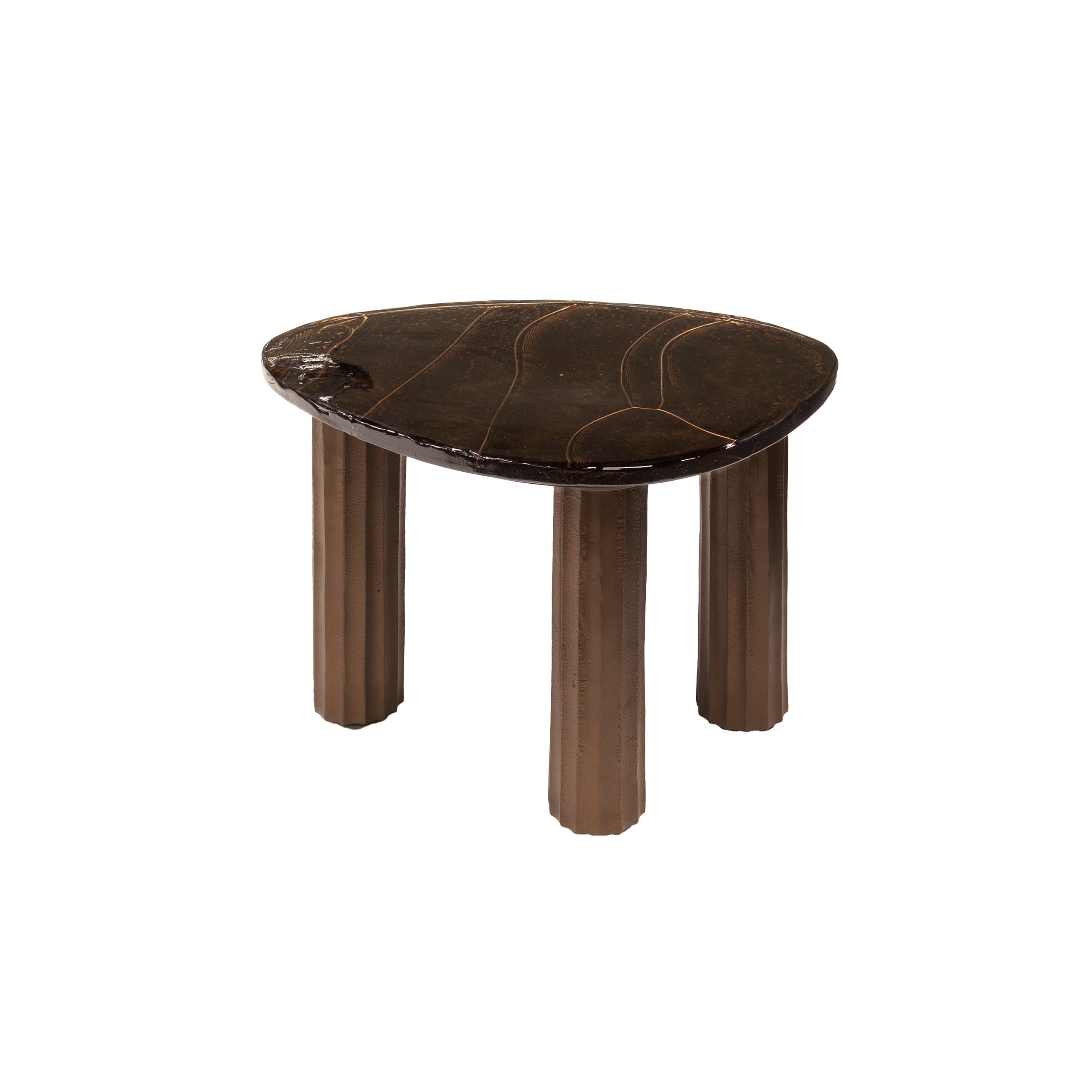 Couchtisch Ondaro S – Glastisch mit gezogenem Glas & Metallgestell in Antikkupfer, 51 x 37 x 35 cm