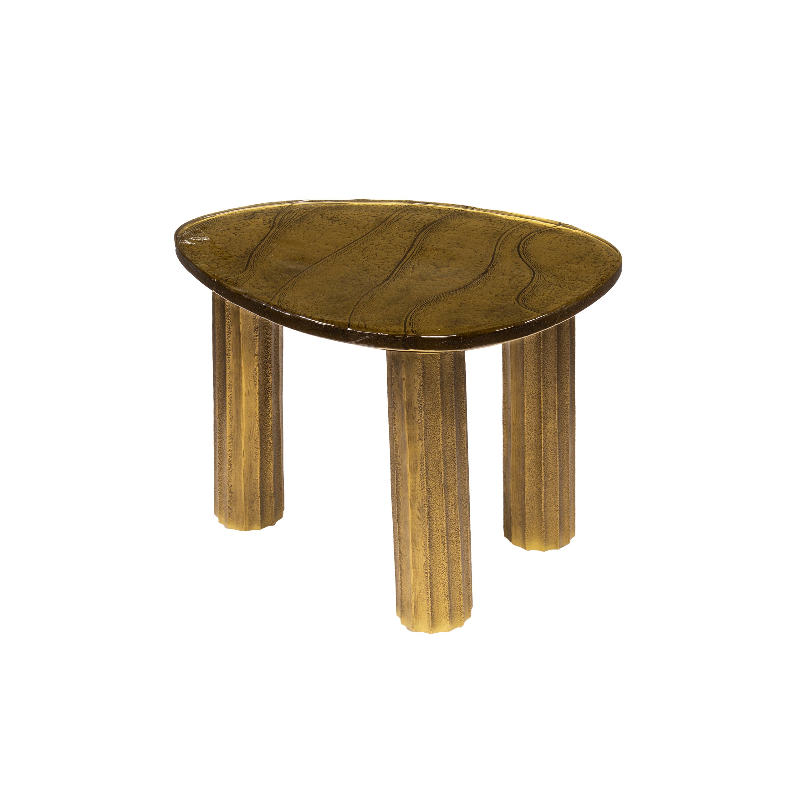 Couchtisch Ondaro S – Glastisch mit gezogenem Glas & Metallgestell in Antikkupfer, 51 x 37 x 35 cm