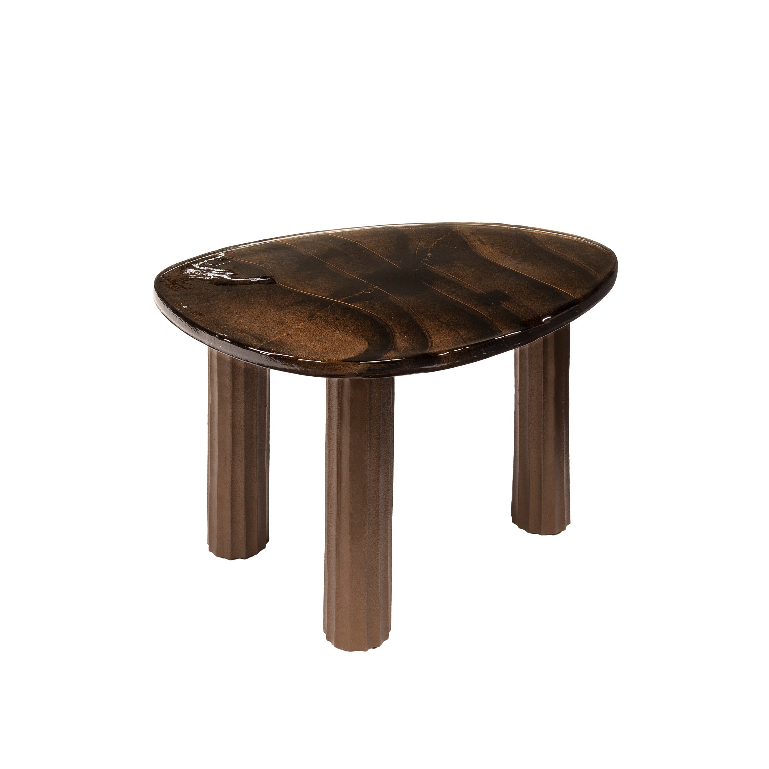 Couchtisch Ondaro M – Glastisch mit gezogenem Glas & Metallgestell in Antikkupfer, 62 x 45 x 40 cm
