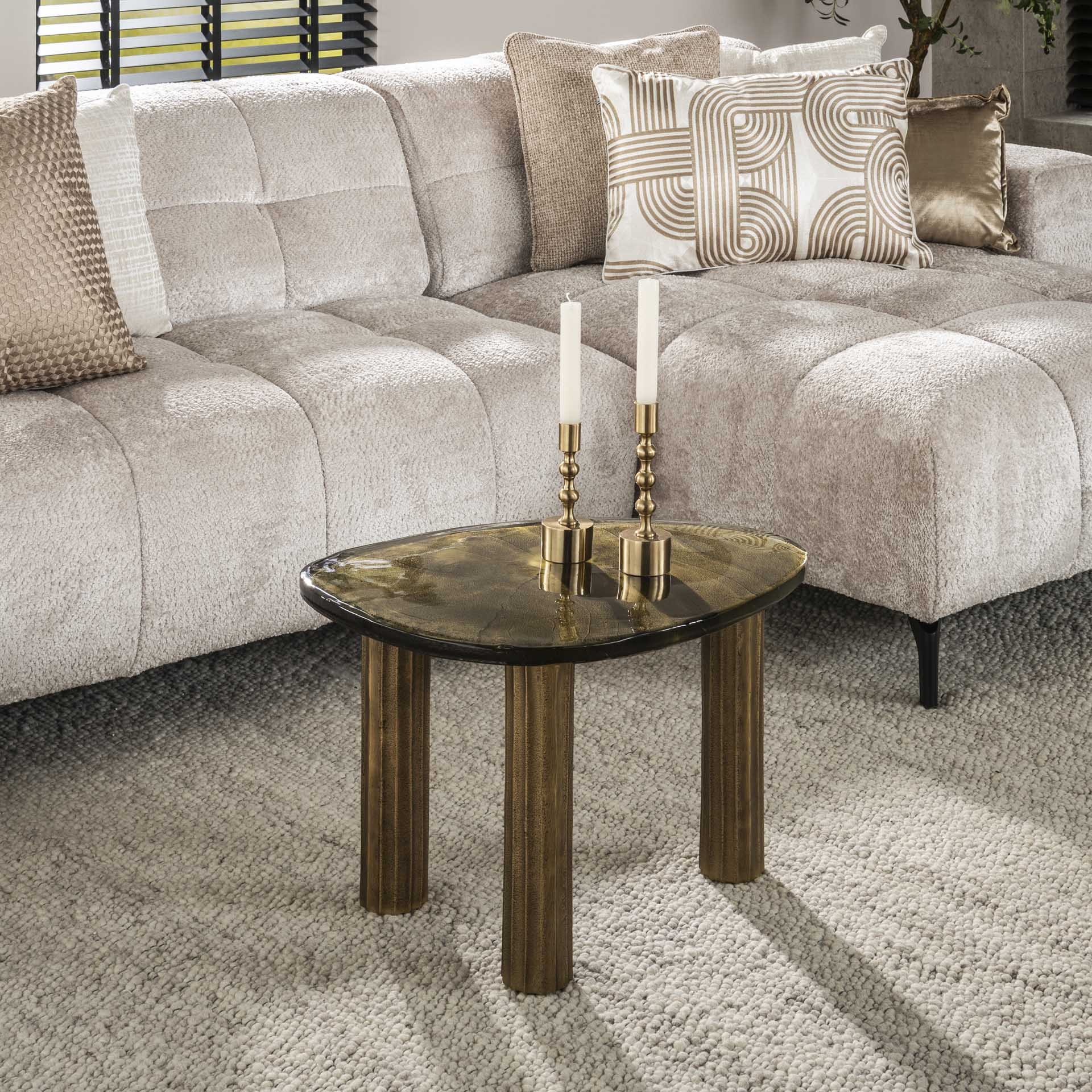 Couchtisch Ondaro M – Glastisch mit gezogenem Glas & Metallgestell in Antikgold, 62 x 45 x 40 cm