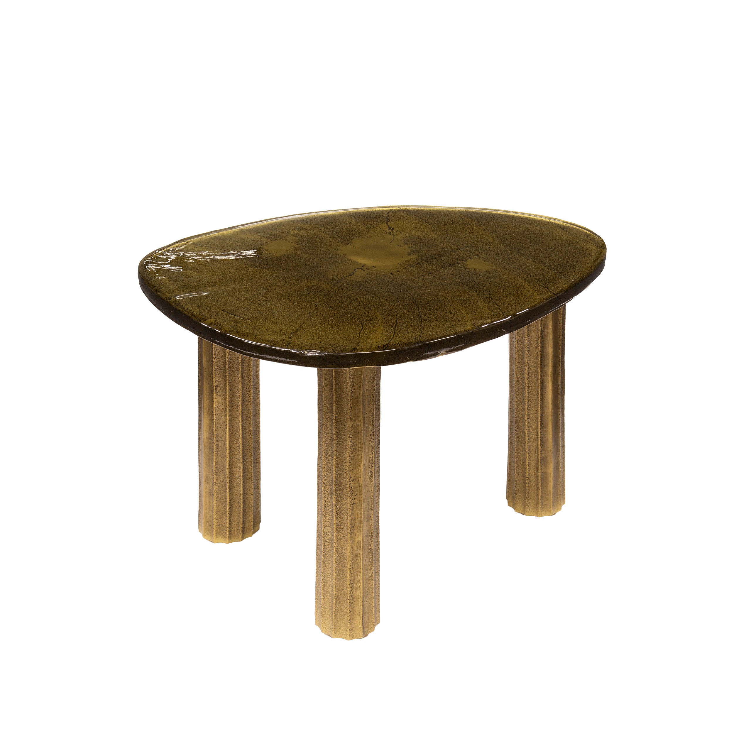 Couchtisch Ondaro M – Glastisch mit gezogenem Glas & Metallgestell in Antikgold, 62 x 45 x 40 cm