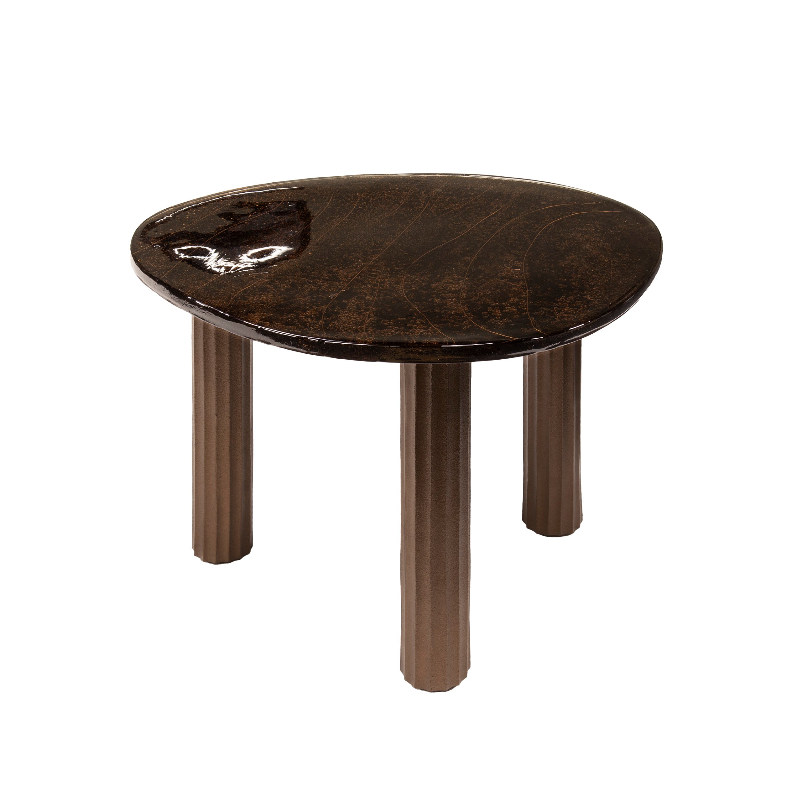 Couchtisch Ondaro L – Glastisch mit gezogenem Glas & Metallgestell in Antikkupfer, 70 x 59 x 45 cm