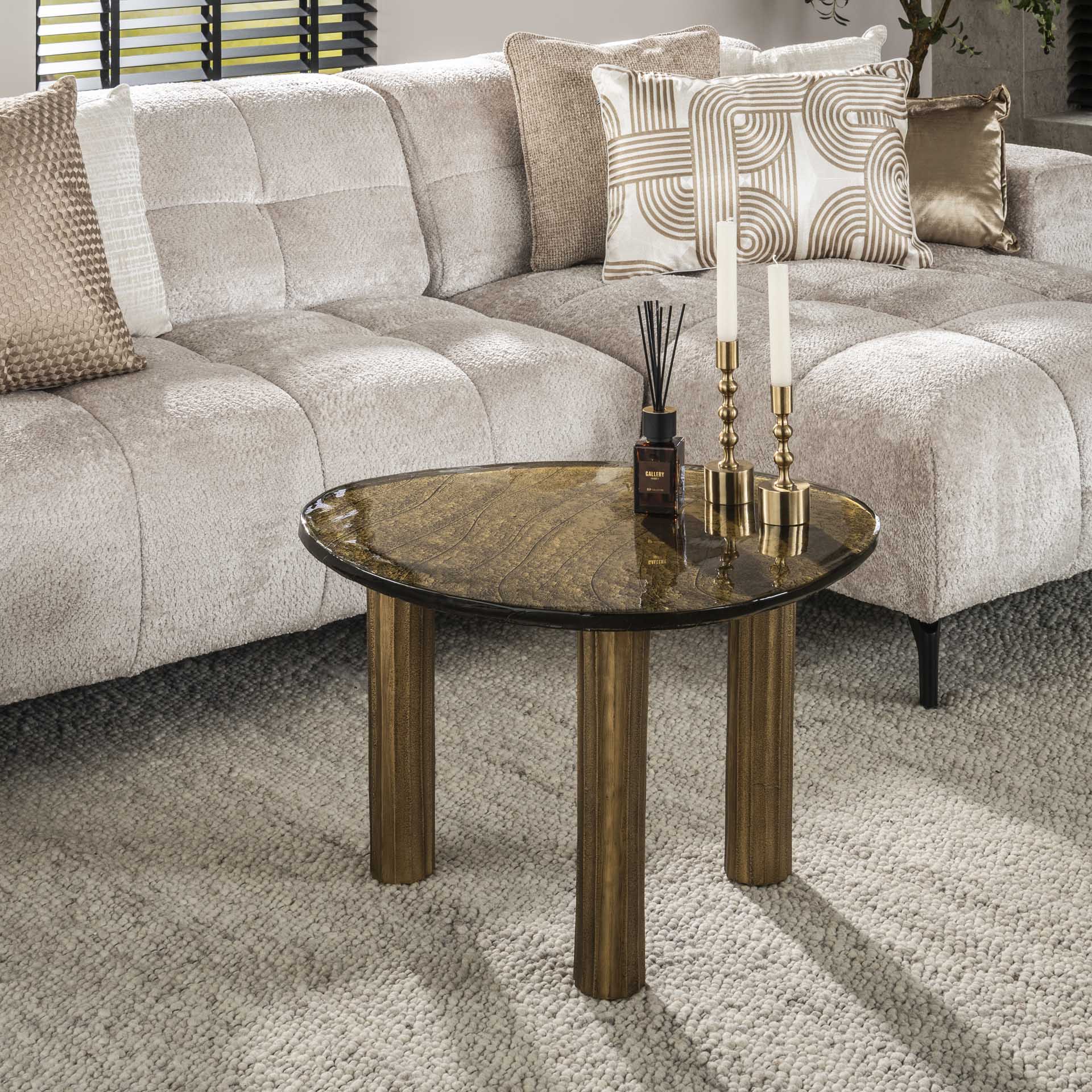 Couchtisch-Set Ondaro – 2er-Set Glastische mit gezogenem Glas & Metallgestell in Antikkupfer, 80 x 70 x 40 cm