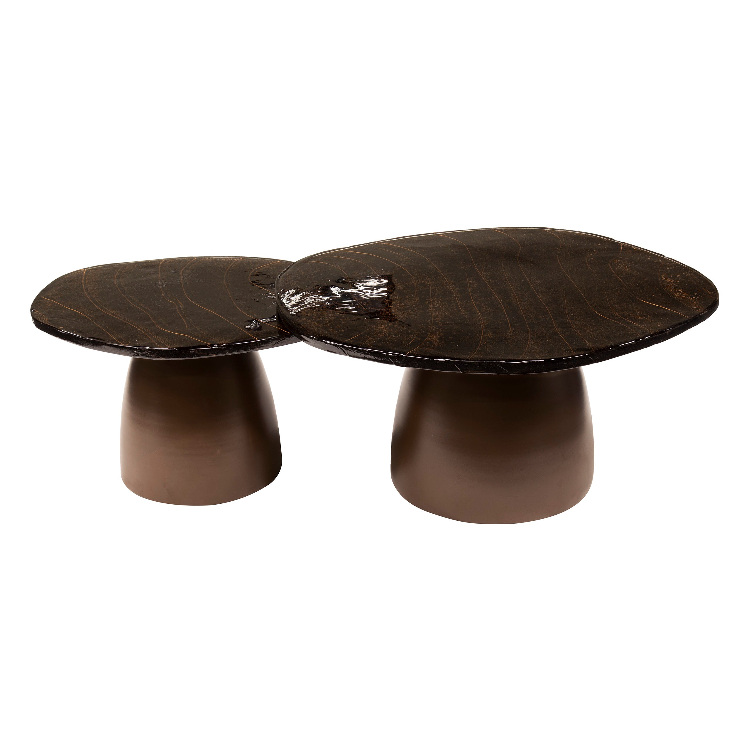 Couchtisch-Set Ondaro – 2er-Set Glastische mit gezogenem Glas & Metallgestell,  Antikgold, 80 x 70 x 40 cm