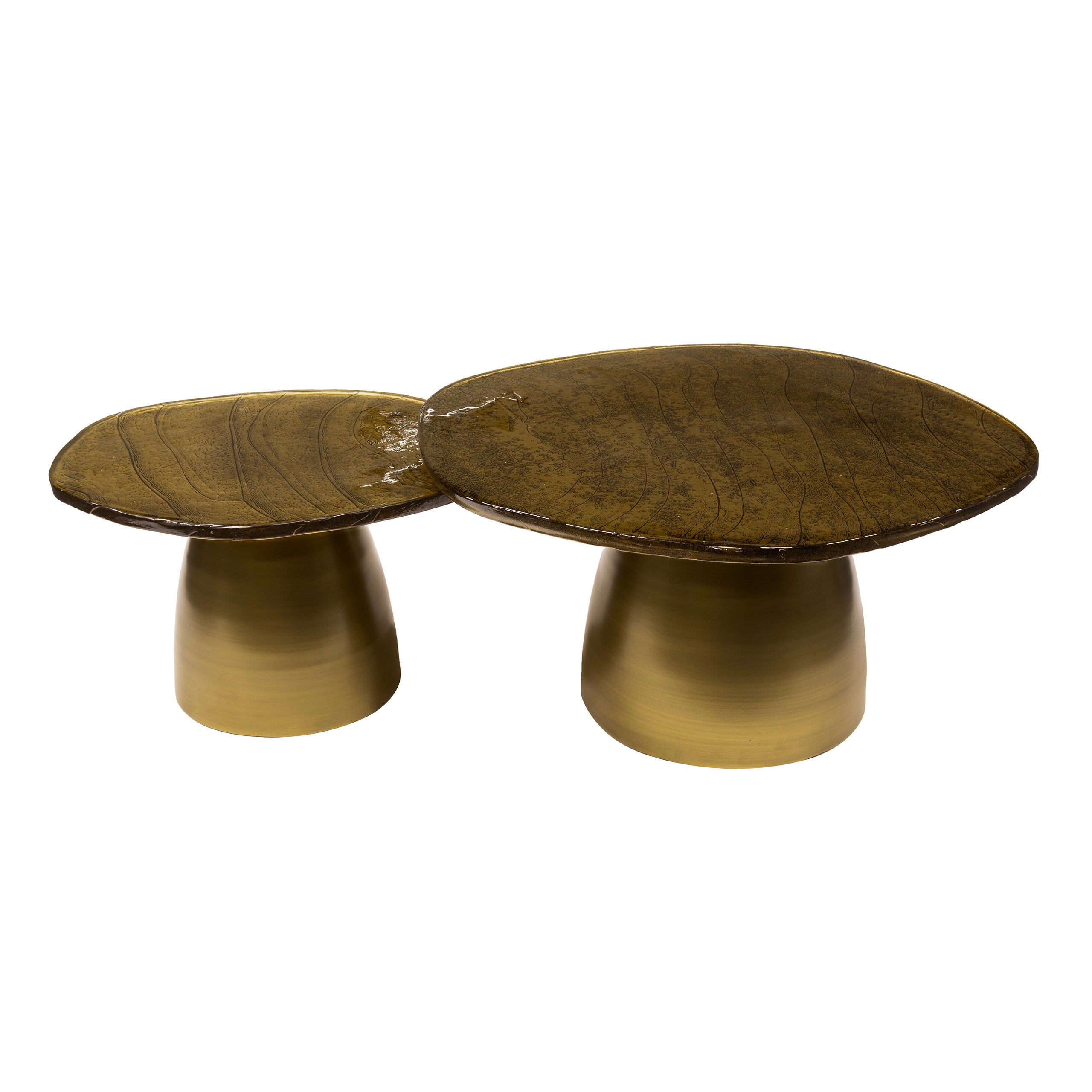 Couchtisch-Set Ondaro – 2er-Set Glastische mit gezogenem Glas & Metallgestell, Antikkupfer, 80 x 70 x 40 cm