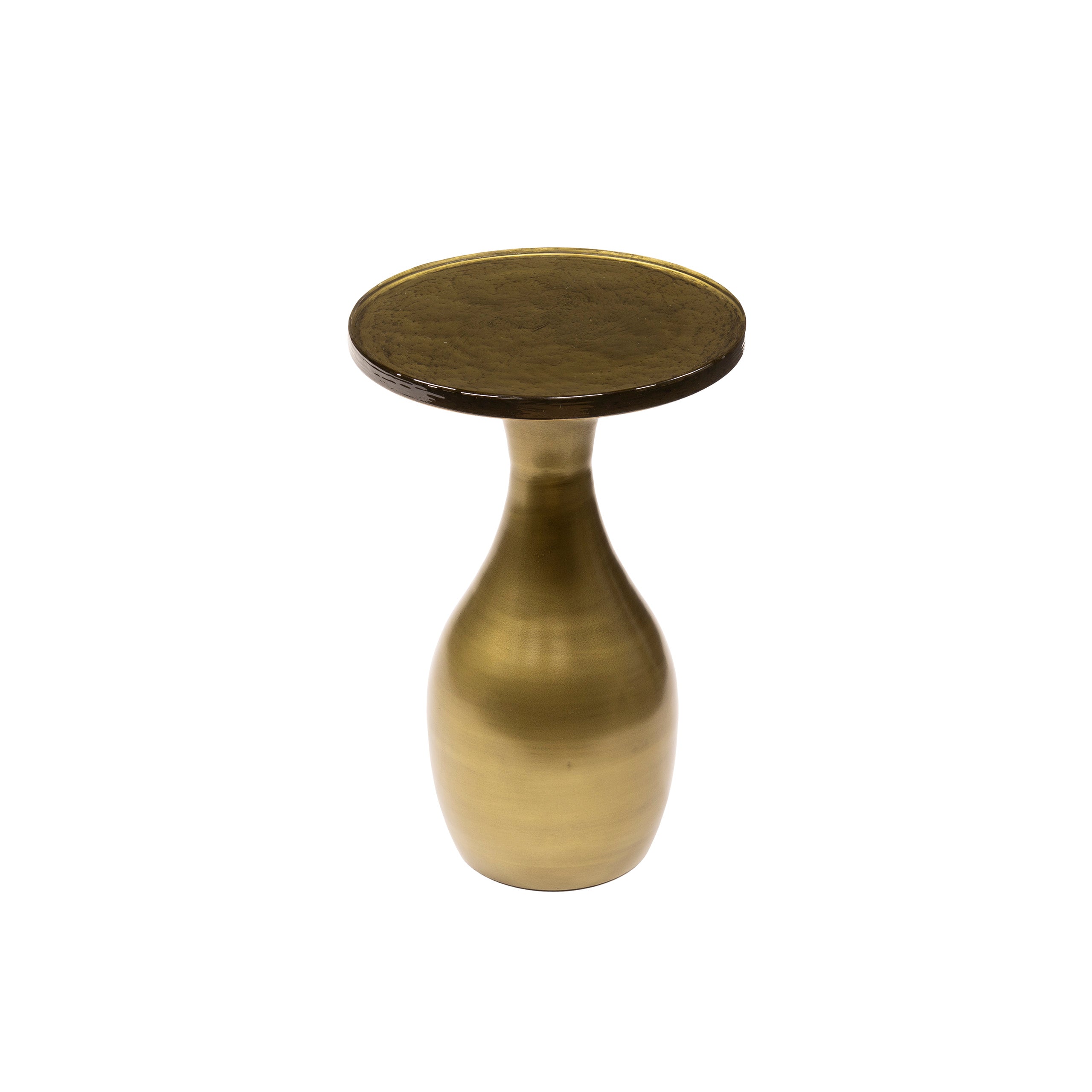 Beistelltisch Ondaro S Tropfenform – Glastisch mit gezogenem Glas & Metallgestell in Antikgold, 30 x 30 x 45 cm