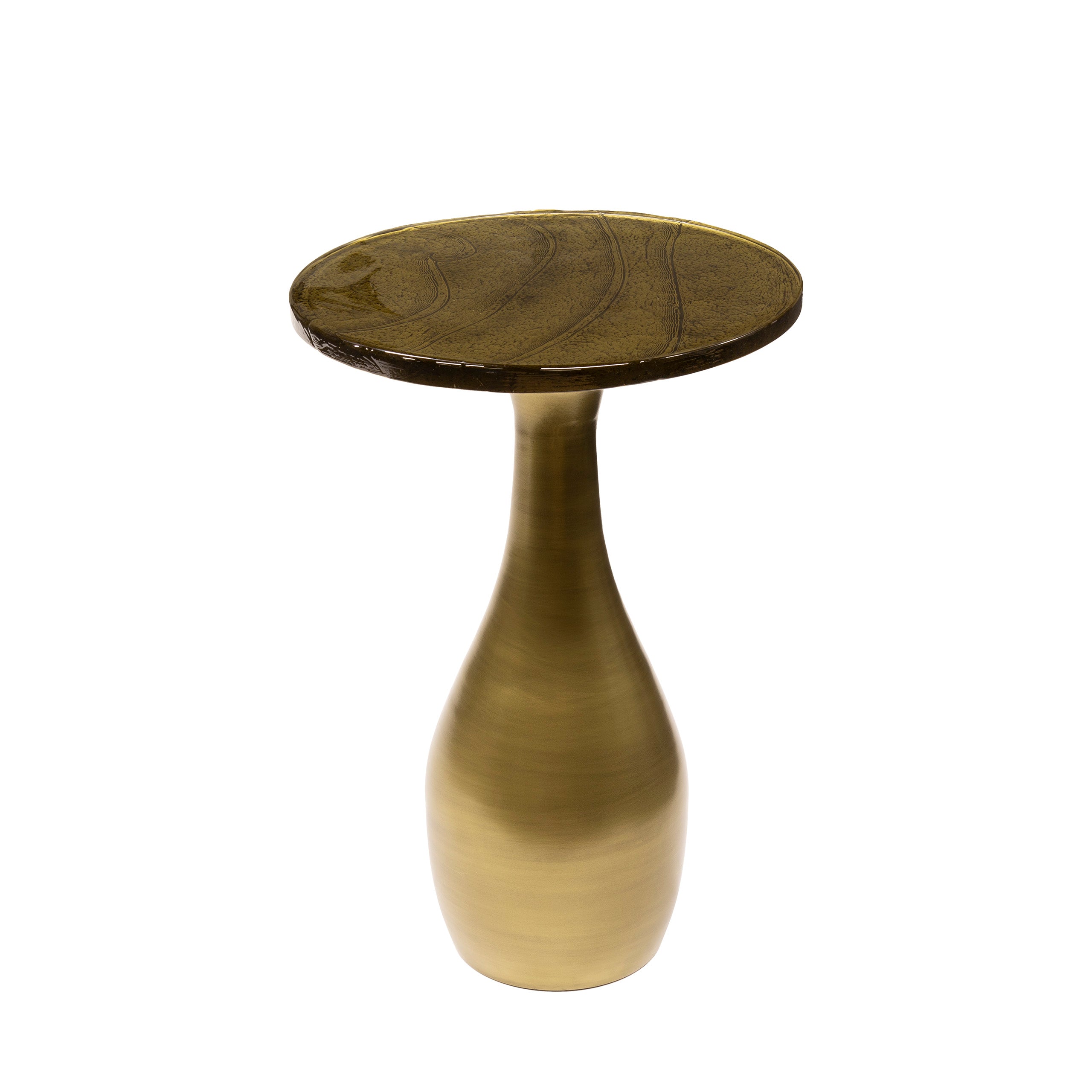 Beistelltisch Ondaro M Tropfenform – Glastisch mit gezogenem Glas & Metallgestell in Antikgold, 40 x 40 x 60 c