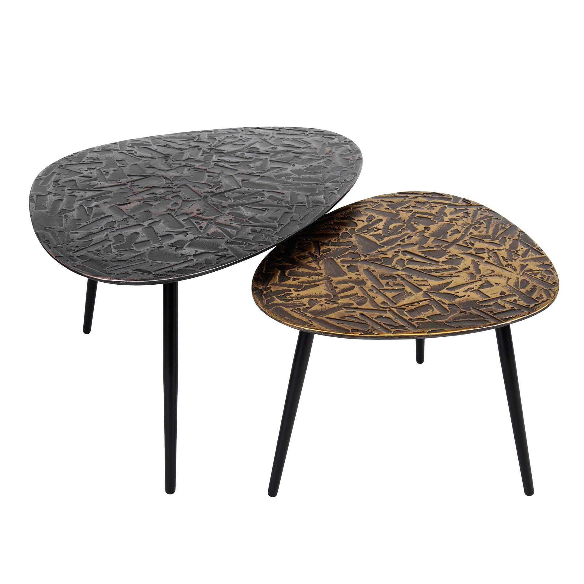 Couchtisch-Set Triaro – 2er-Set dreieckig aus Patina-Metall in Silber & Gold, 80 x 60 x 42 cm