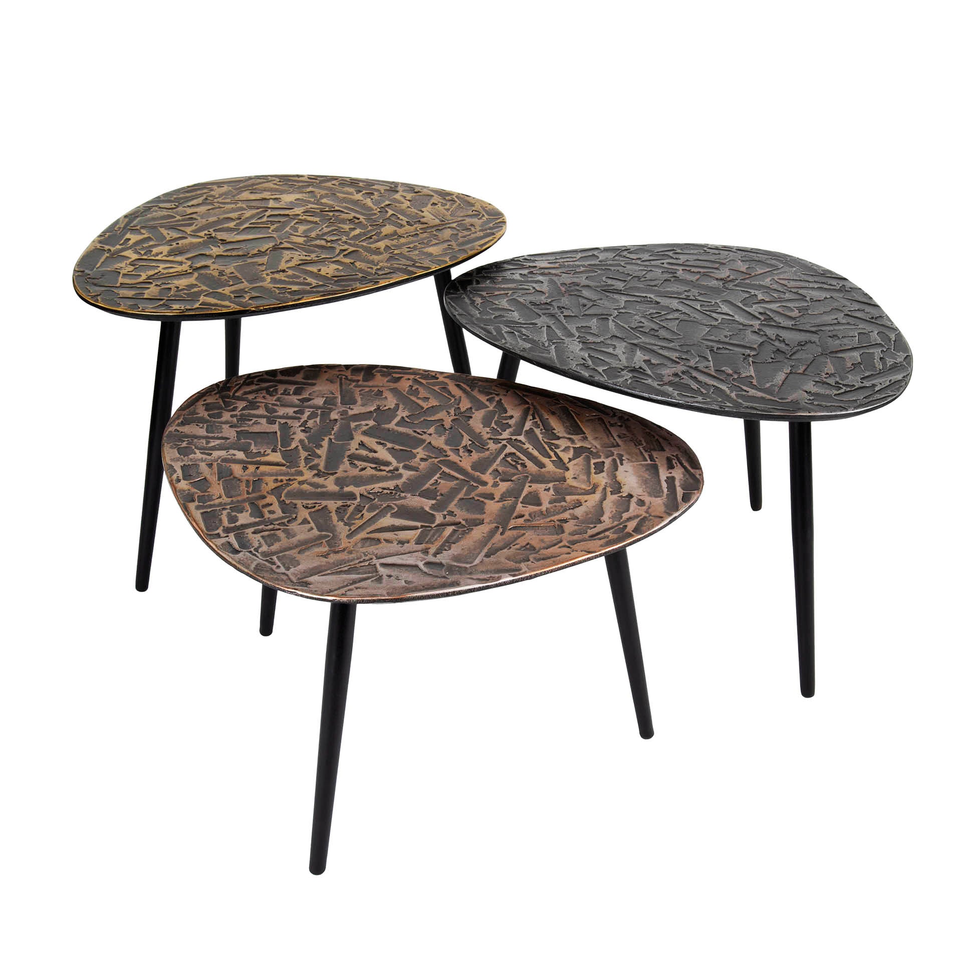 Couchtisch-Set Triaro – 3er-Set dreieckige Tische aus Patina-Metall in Silber/Kupfer/Gold, modernes Design, 60 x 48 x 43 cm