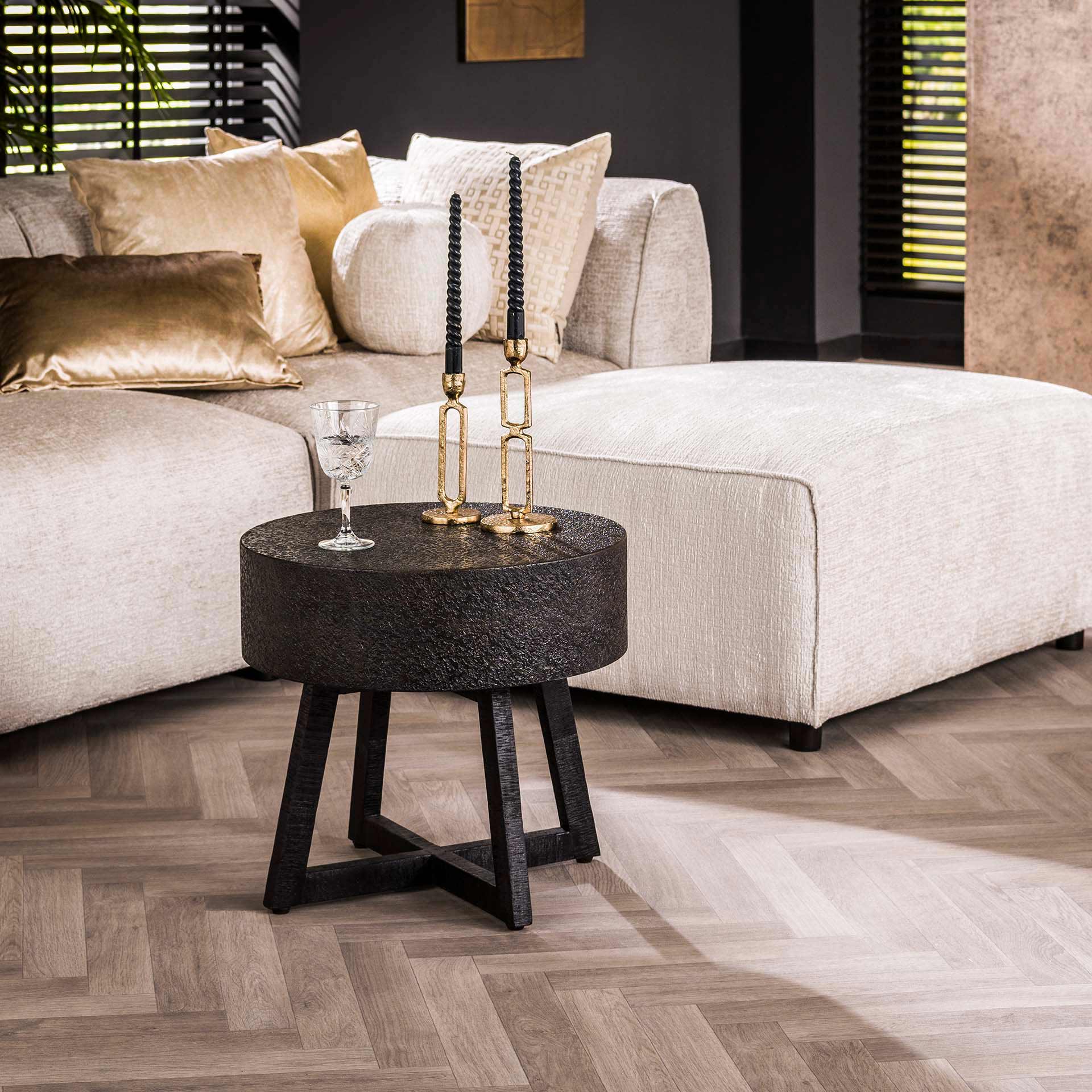 Couchtisch Castaro Ø50 cm – runder Tisch aus flüssigem Metall in Bronze-Braun mit 15 cm starker Platte, modernes Design, Höhe 46 cm