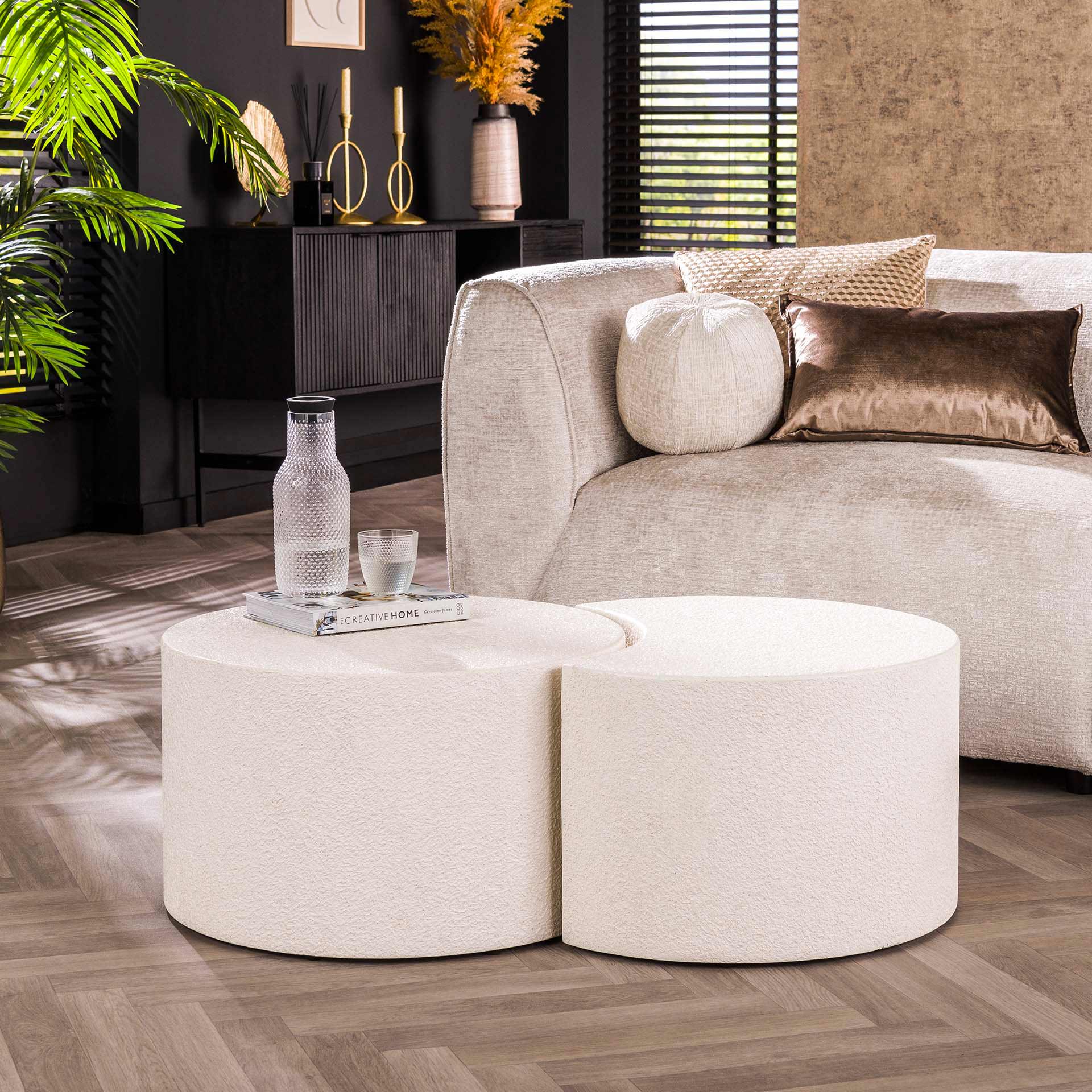 Couchtisch-Set Stella – 2er-Set Tische aus Marmorkomposit in Vollmond- & Halbmondform, modernes Design, 60 cm Ø / 60 x 41 cm
