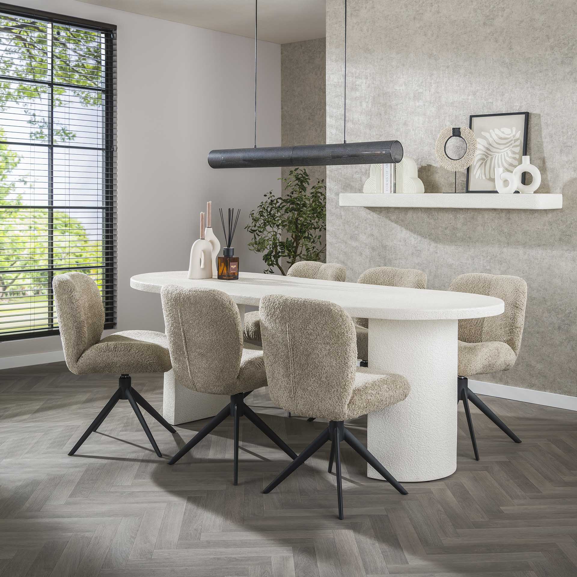 Esstisch Arcano – Marmorkomposit Tisch mit halbmondförmigen Säulenbeinen, modernes Design, 215 x 90 x 77 cm