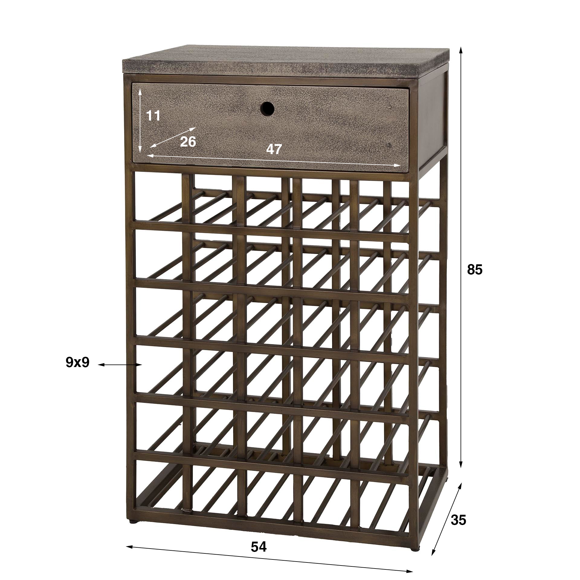 Weinschrank Enoteca – Metall mit handwerklichem Ferro-Finish, 1 Schublade & Stauraum für Weinflaschen, 54 x 35 x 85 cm