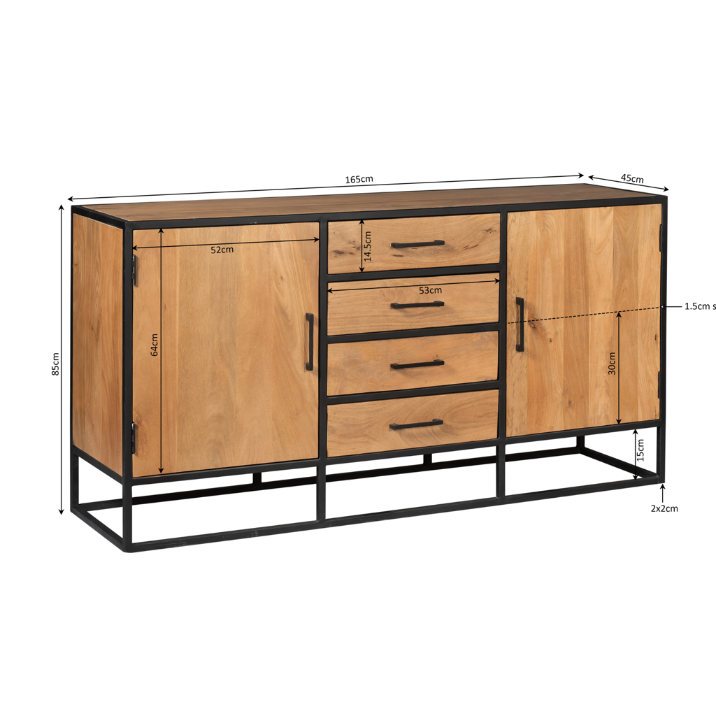 Sideboard Delta 165x45x85 cm – Massive Mangoholz Kommode mit Metallgestell, 4 Schubladen & 2 Türen