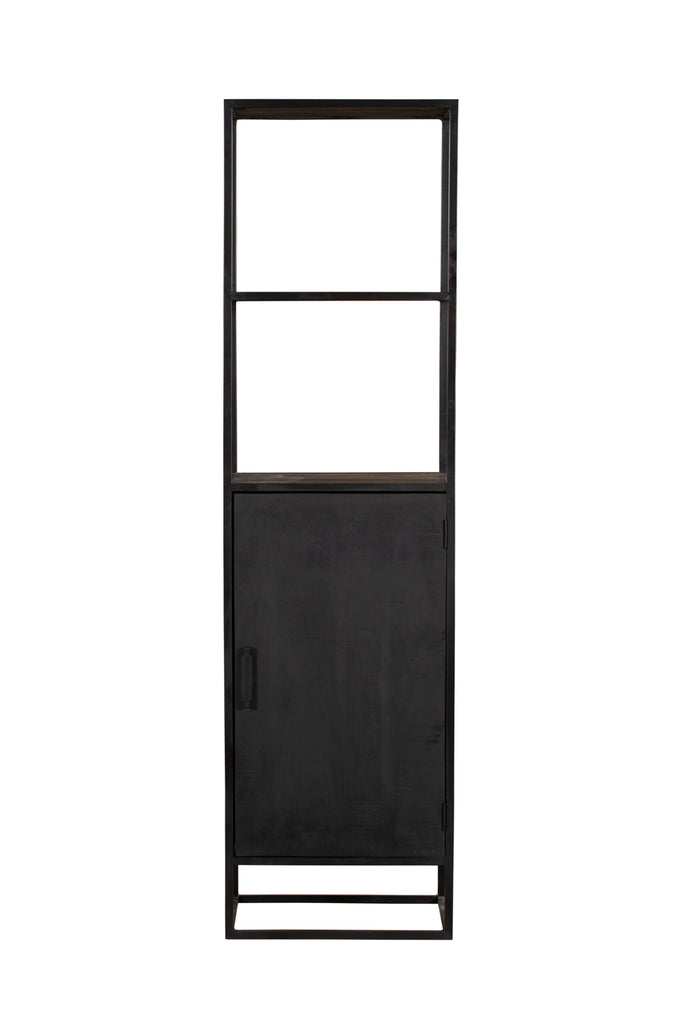 Bücherregal Delta Schwarz – Mangoholz Schrank 55×200×45 cm mit 1 Tür, offenem Fach & Metallrahmen