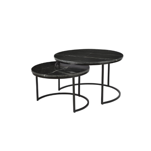 Couchtisch-Set Ovan Schwarz – 2er-Set mit Marmorplatte & Metallgestell, Tische 70x70x40 cm & 50x50x35 cm