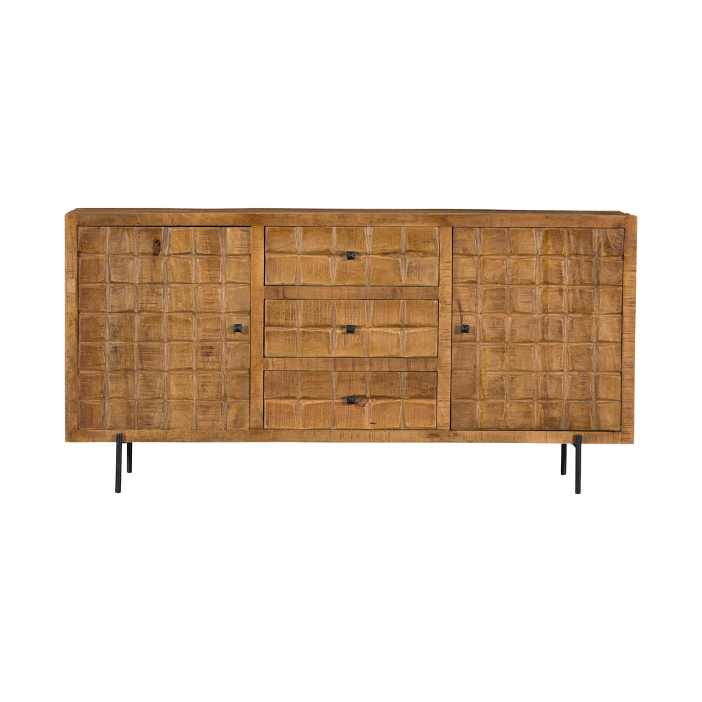 Sideboard Jacky – Mangoholz mit Metallbeinen, 2 Türen & 3 Schubladen, geschnitztes Blockmuster, 160 x 40 x 90 cm