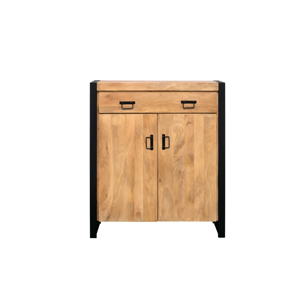 Schrank Bori – Mangoholzschrank 100×40×115 cm mit 2 Türen & 1 Schublade, Metallrahmen Schwarz
