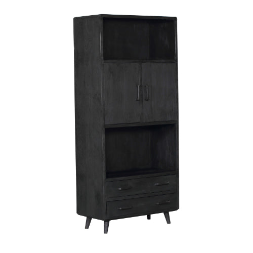 Regalschrank Raven Schwarz – Mangoholz, 2 Türen & 2 Schubladen, 90 x 45 x 200 cm