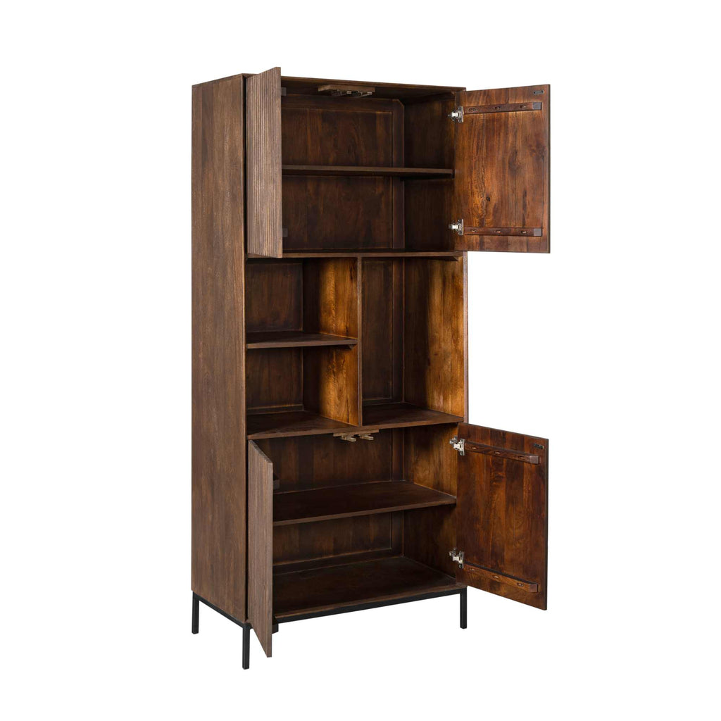 Stauraumschrank Mandy Braun – Mangoholz Schrank mit Metallrahmen & Lamellen-Design, 90×200×45 cm, 4 Türen & 3 offene Fächer