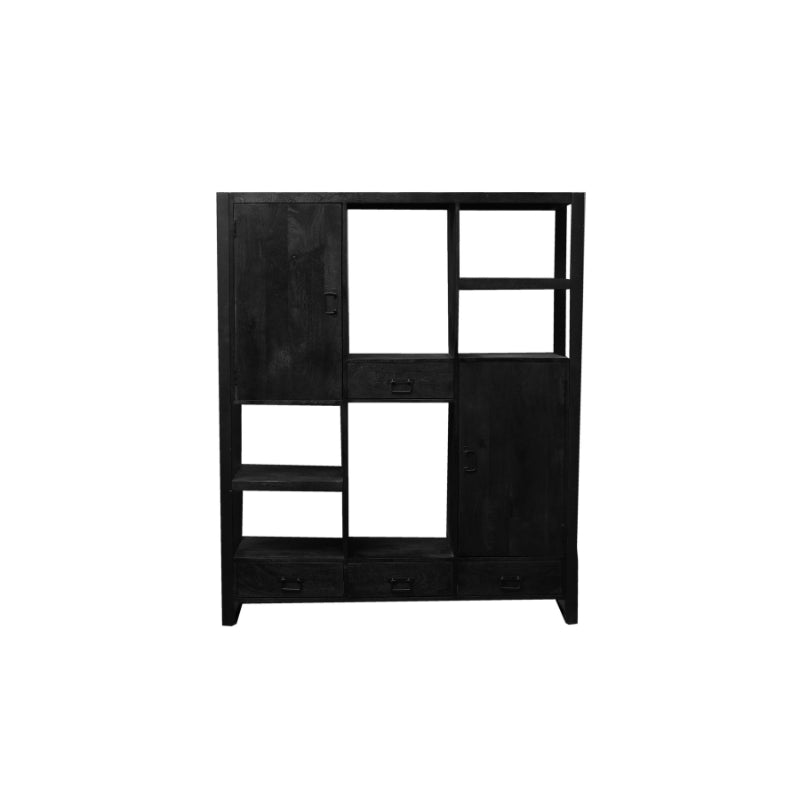 Bücherregal Bori Schwarz – Mangoholz, 4 Schubladen & Türen, 150 x 40 x 180 cm, modernes Stauraumwunder
