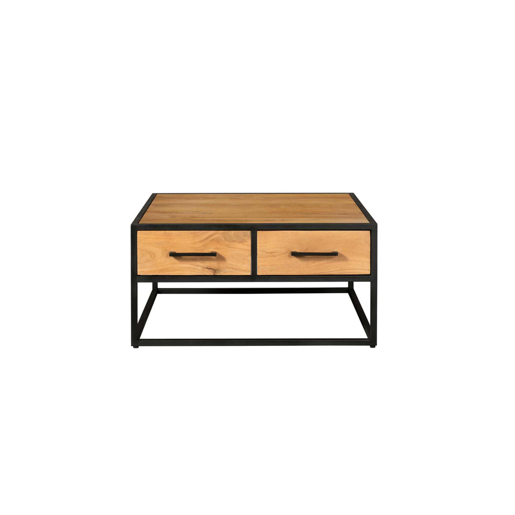 Couchtisch Delta Schwarz – Quadratischer Mangoholz-Tisch mit 4 Schubladen & Metallgriffen, 80 x 80 x 40 cm
