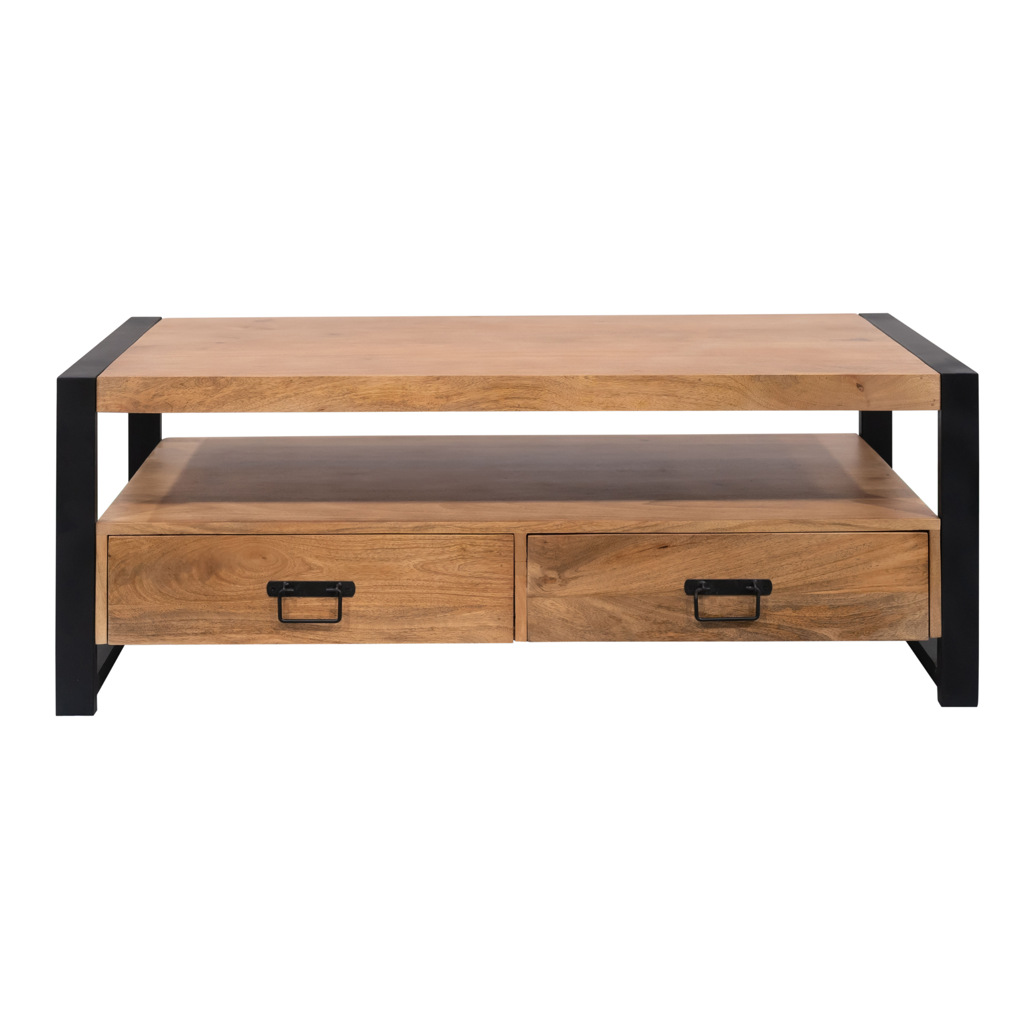 Couchtisch Bori – Rechteckiger Tisch aus Mangoholz & Metallgestell, 120 x 60 x 45 cm