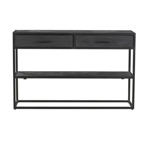 Beistelltisch Sydney – Mangoholz & Metall Schwarz, 120 x 35 x 76 cm, mit 2 Schubladen & Regal im Industriedesign