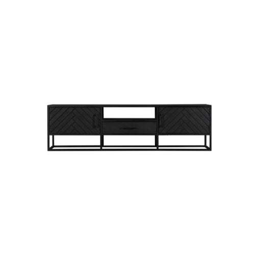 TV-Board Sydney Schwarz – Lowboard aus Mangoholz mit Fischgrätmuster & Stauraum, 180 x 45 x 50 cm