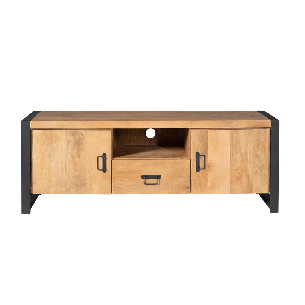 TV-Board Bori – Lowboard aus Mangoholz & Metall mit 2 Türen, Fach & Schublade, schwarzer Rahmen, modern & robust